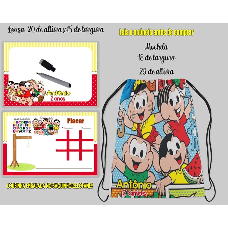 Kit Mochilinha e Lousa Magica para festa de aniversario todos os temas