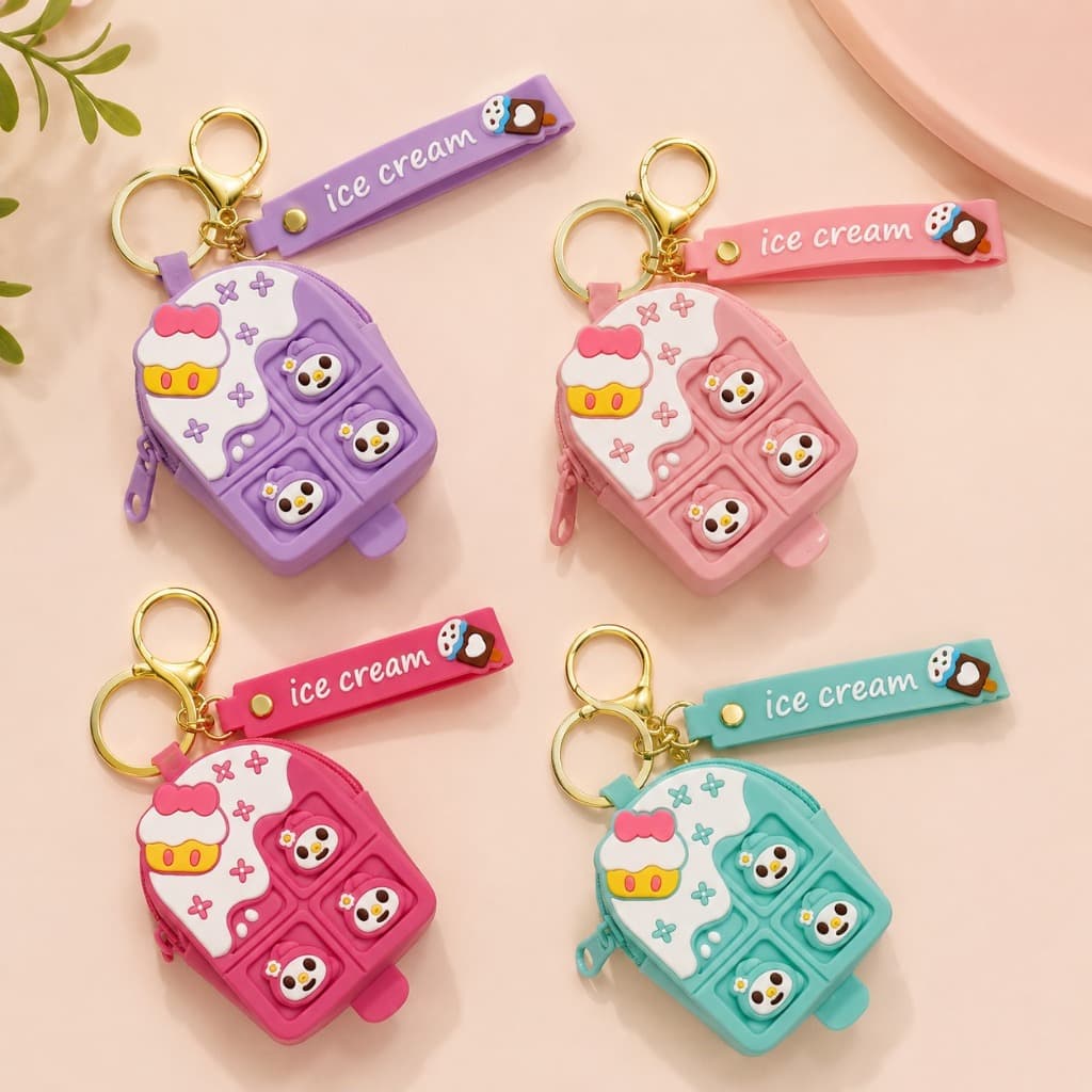 Chaveiro Porta Moedas Infantil Em Silicone Com Zíper Picolé/Boneca