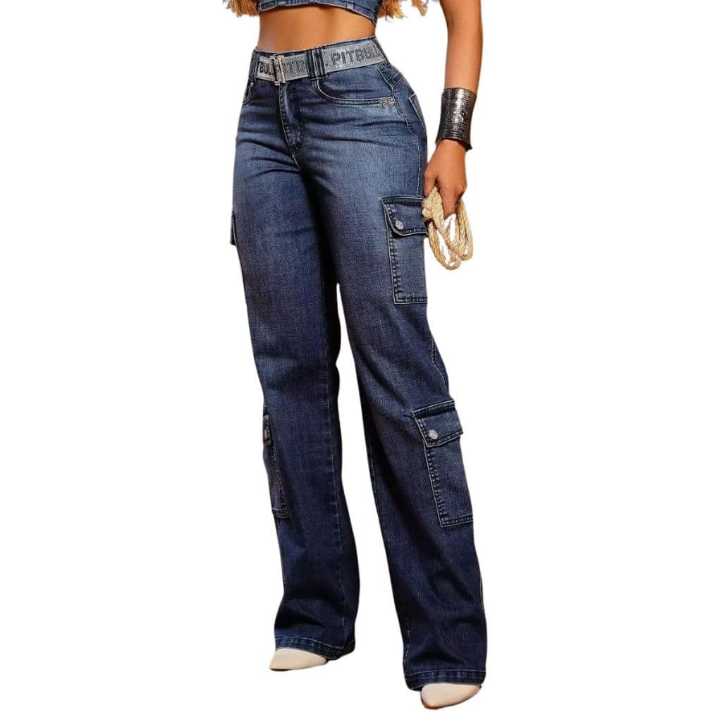 Calça Wide Leg Estilosa e Sofisticada com Bolsos Cargo e Cinto Personalizado Pit Bull Jeans Luxo Ref: 89921