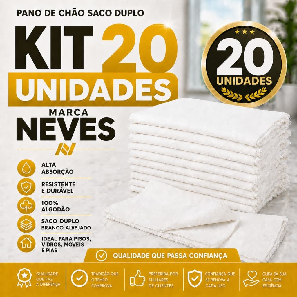 Pano De Chão Grande Branco 40x70 Cm Branco Neves 100% Algodão Duplo 60Gr Saco Alvejado Pano Duplo