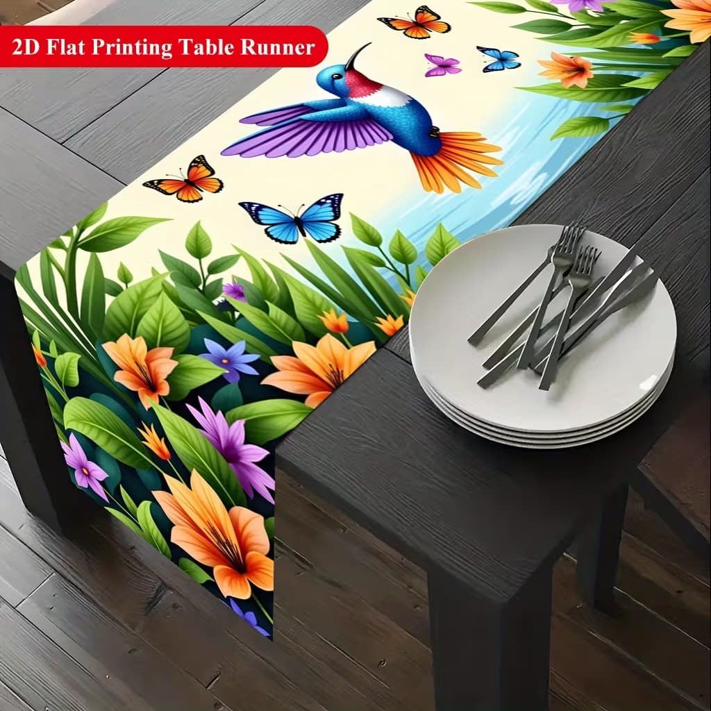 Caminho de Mesa 2D com Impressão Plana 1 unidade, Beija-flor e Borboletas no Jardim, Bandeira de Mesa