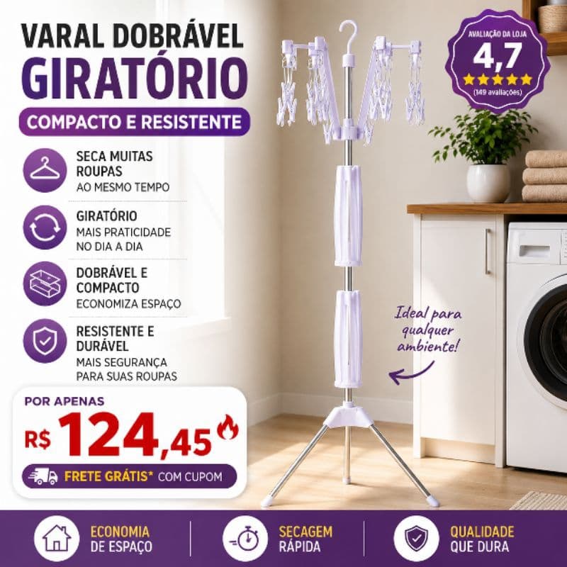 Varal Dobrável Giratório Compacto Resistente Branco CasaEconomiaEspaço Secagem Rápida #Supercompacto