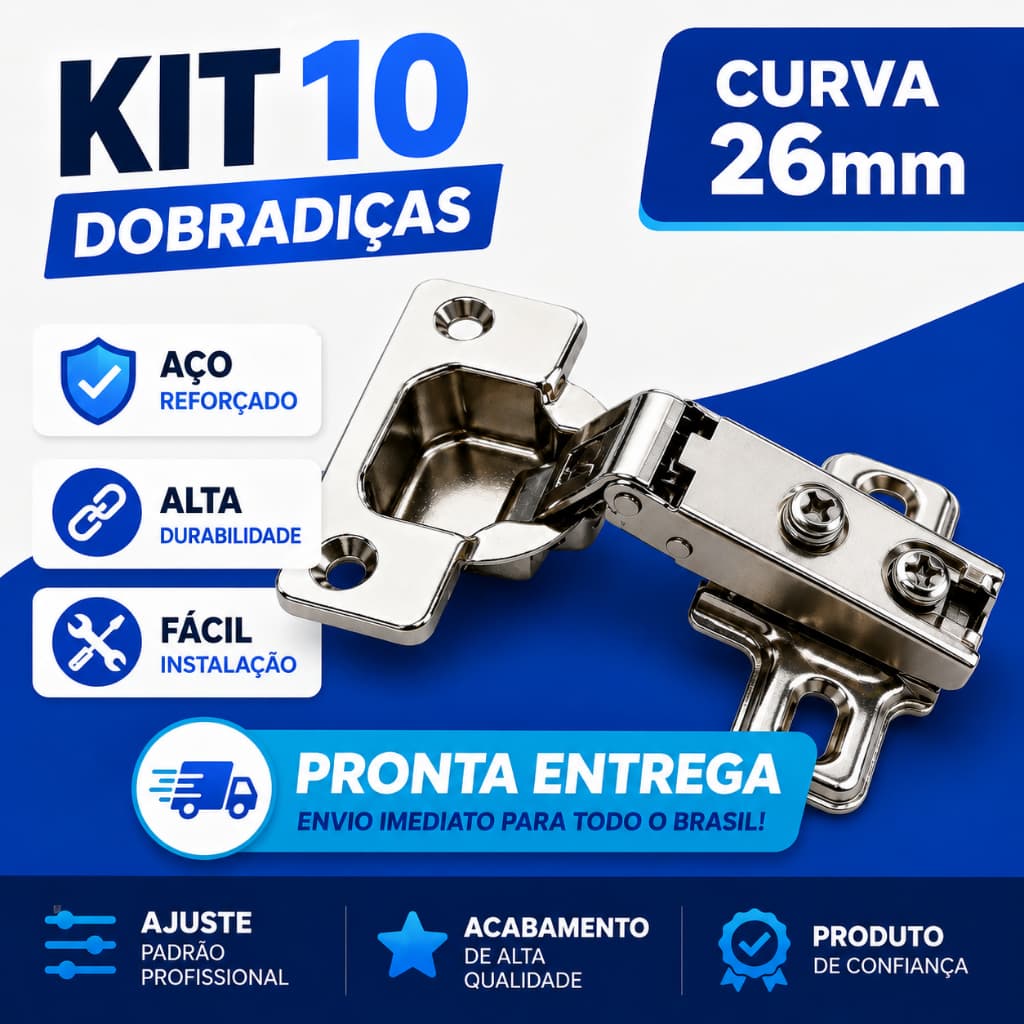 Kit 10 Dobradiça Dobradiça 26mm Reta Armário Porta Móveis Cozinha Guarda Roupa