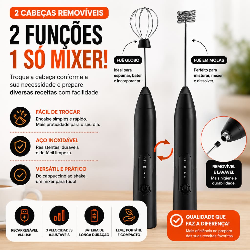 Mini Mixer Elétrico Portátil Espumador de Leite Batedor de Café Recarregável USB Bivolt Preto c/ Fuê
