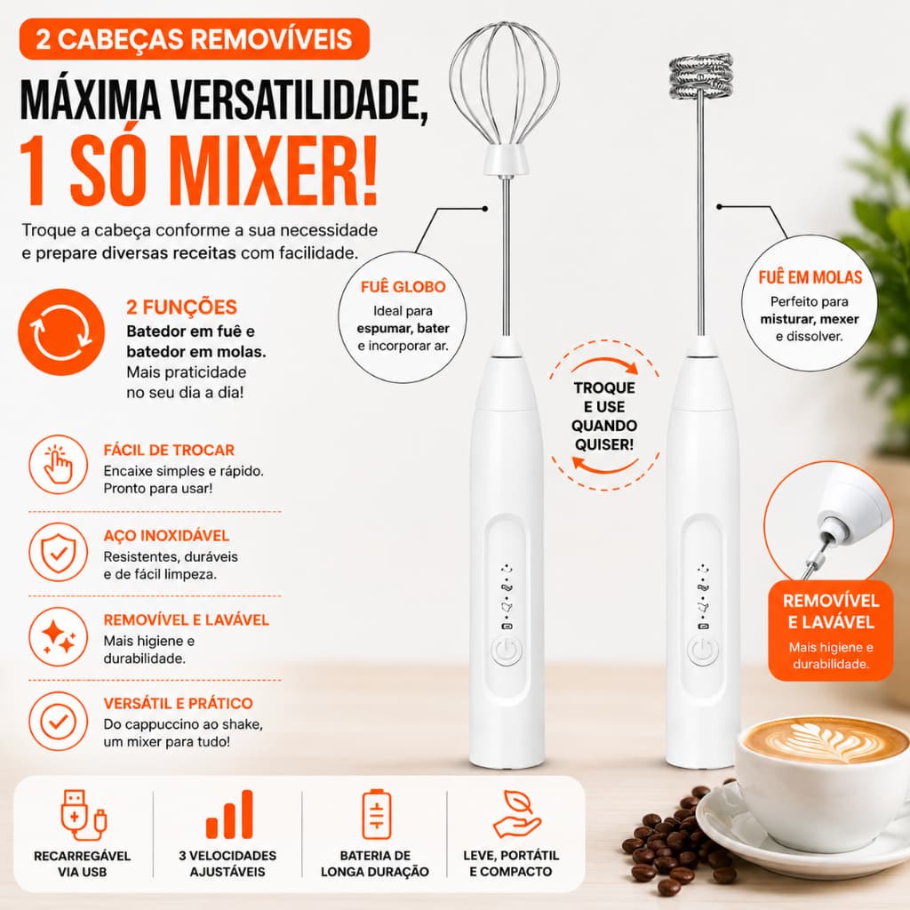 Mini Mixer Elétrico Portátil Branco Espumador de Leite Batedor de Café Recarregável USB Bivolt Fuê