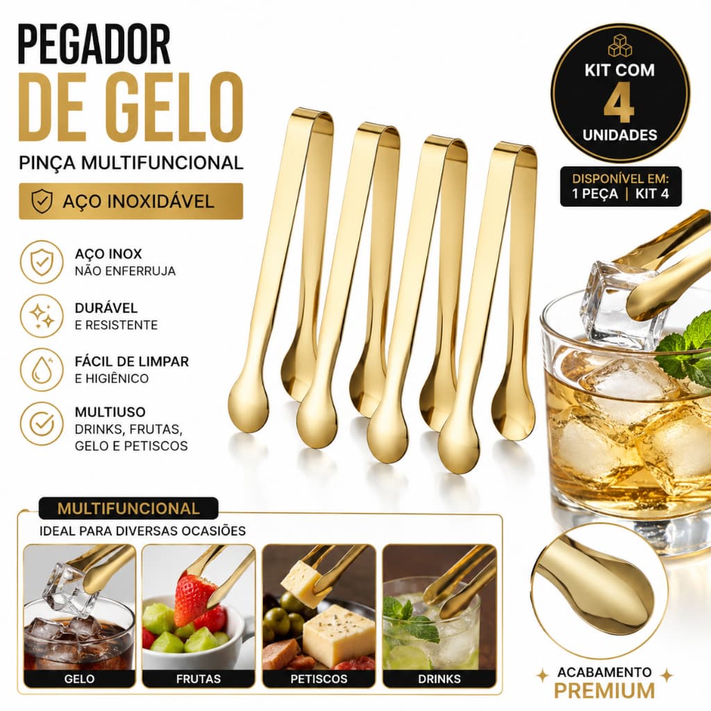Kit Pegador de Gelo Pinças Multifuncionais para Bar Frios Drinks Petiscos
