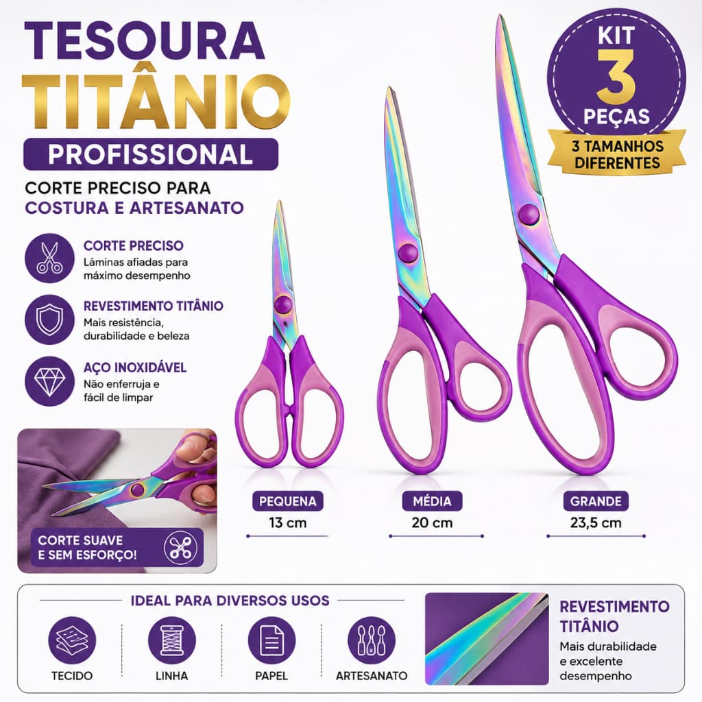 Kit Tesoura De Titânio Profissional 3 Unidades
