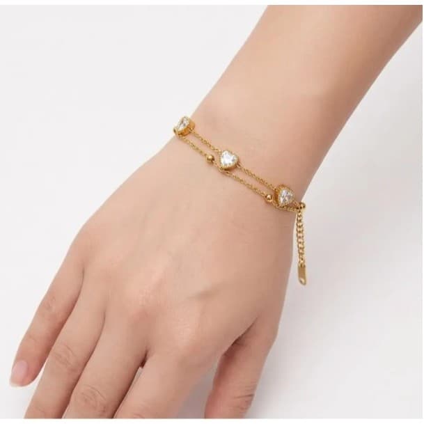 ✨ PULSEIRA FEMININA DUPLA EM AÇO INOX COM 3 CORAÇÕES E ZIRCÔNIA ✨