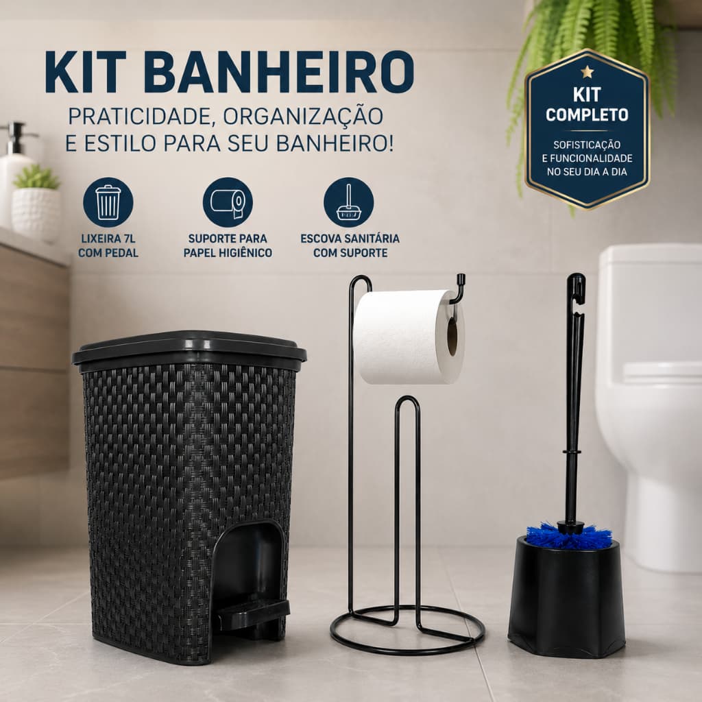 LIXEIRA RATTAN 7 L PRETA C/ PEDAL + SUPORTE P/ PAPEL HIGIENICO CROMADO + ESC. SANITARIA BANHEIRO
