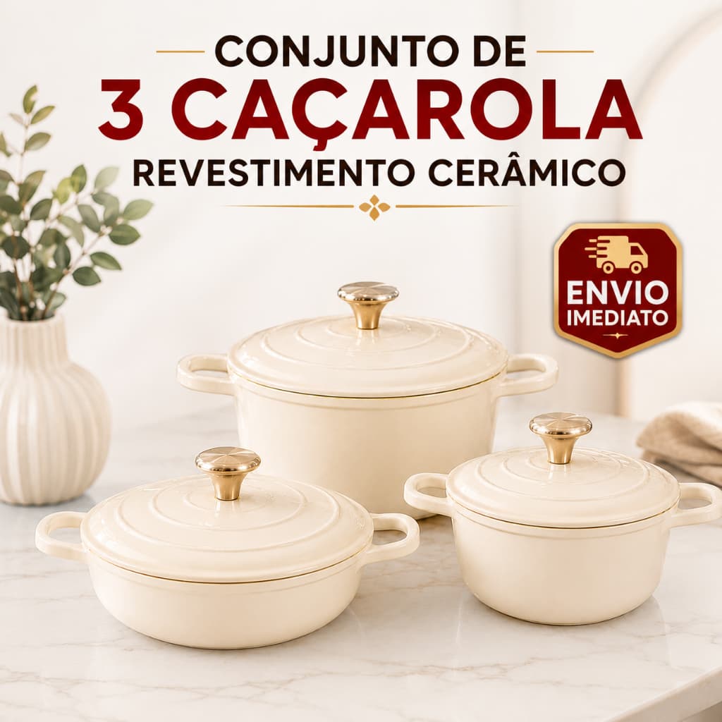 Jogo 3 Panelas Caçarola Revestimento Nano Cerâmico Indução 2,7 + 3,4L + 4.5L