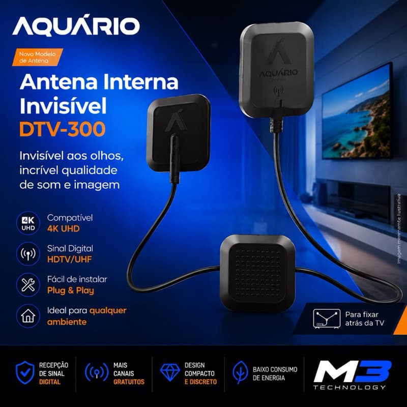 Antena Interna Invisível de TV Digital HDTV 4K - AQUÁRIO - DTV-300