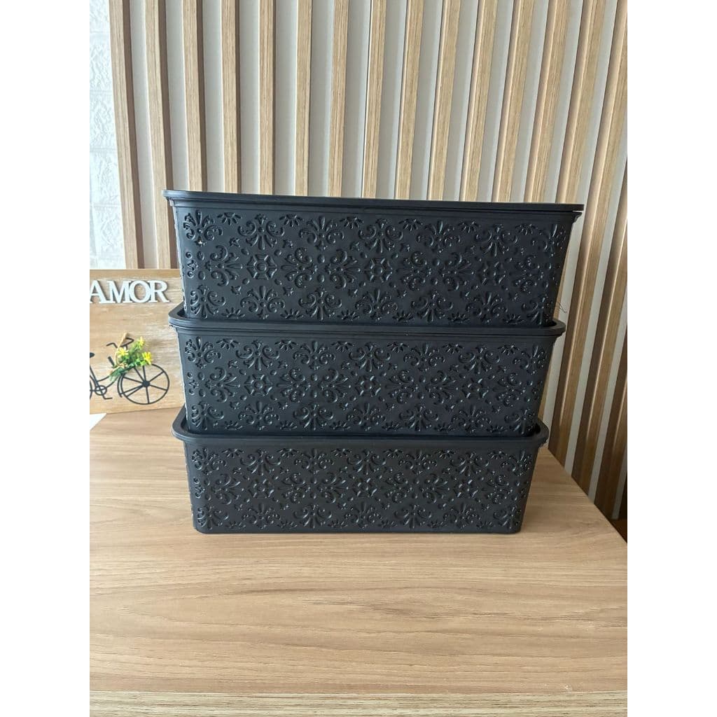 Kit 3 Caixas Organizadoras Oriental Preta com tampa-  7LITROS – Organizador-Organizadora Multiuso Preta
