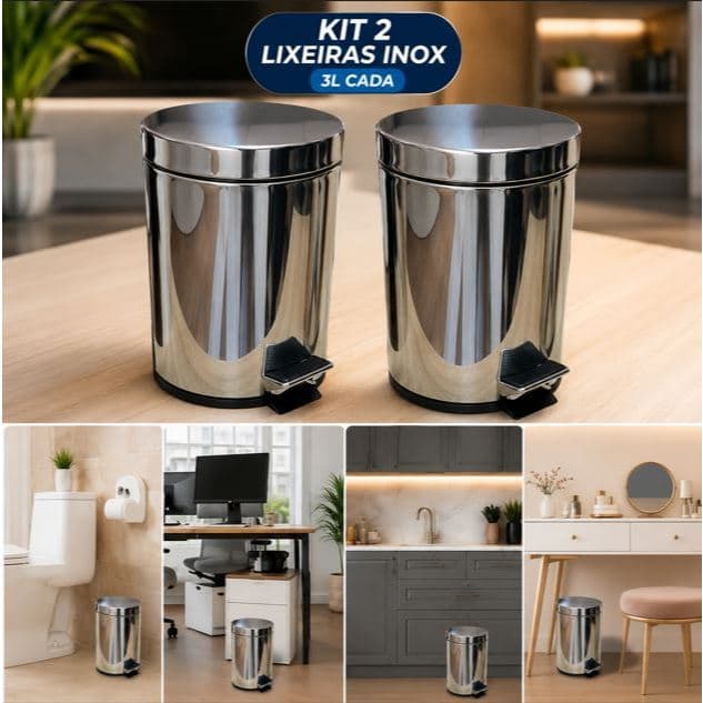 Kit 2 Cesto Lixo 3l Inox Cozinha E Banheiro Com Pedal Abre Tampa
