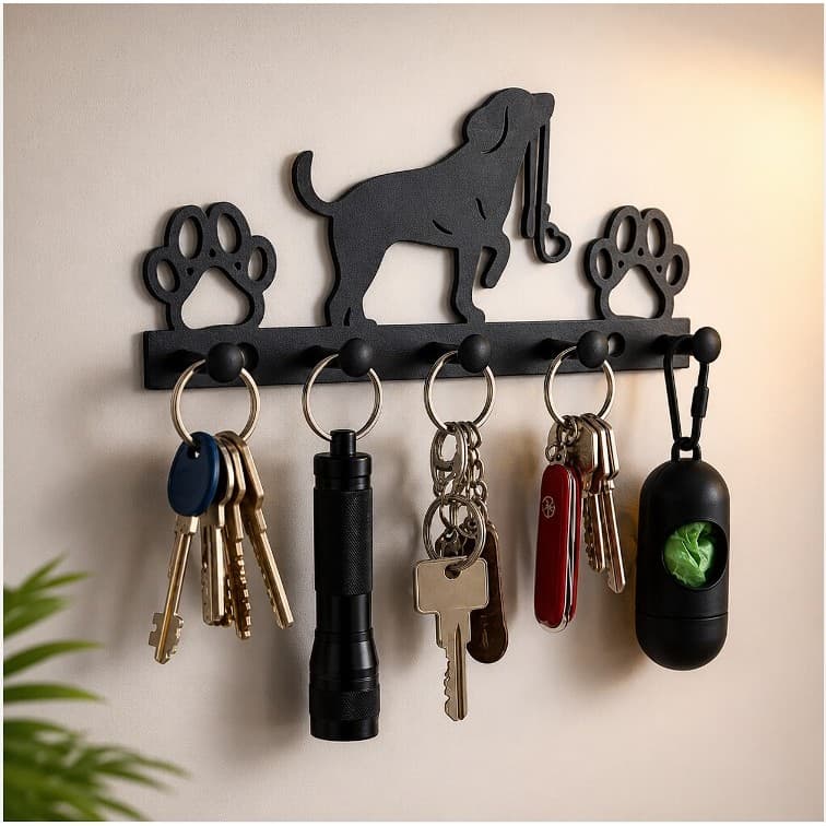 Porta Chaves de Parede Cachorro com 5 Ganchos Organizador Decorativo para Entrada e Hall