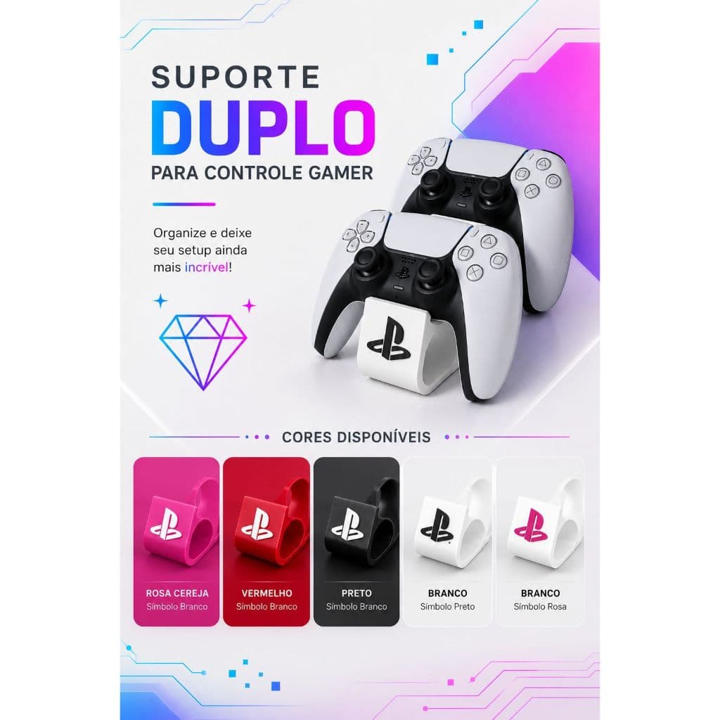 Suporte Duplo Gamer para 2 Controles Gamer 3D