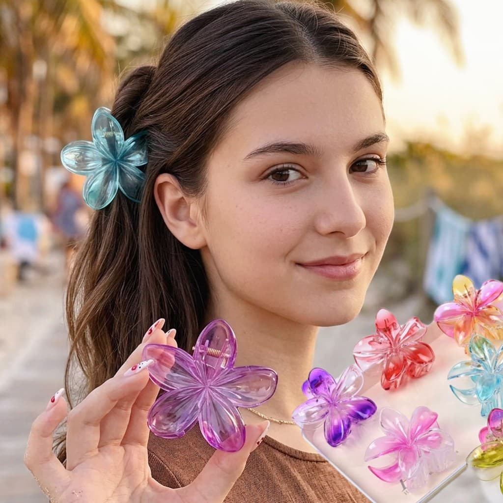 Presilha de Cabelo Flor de Jasmim Ovo 8cm, Presilha Grande Transparente Multicolorida Moda Verão