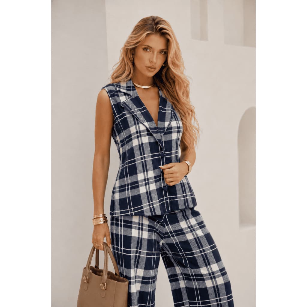 Conjunto Feminino Xadrez com Colete de Alfaiataria e Calça Pantalona Elegante