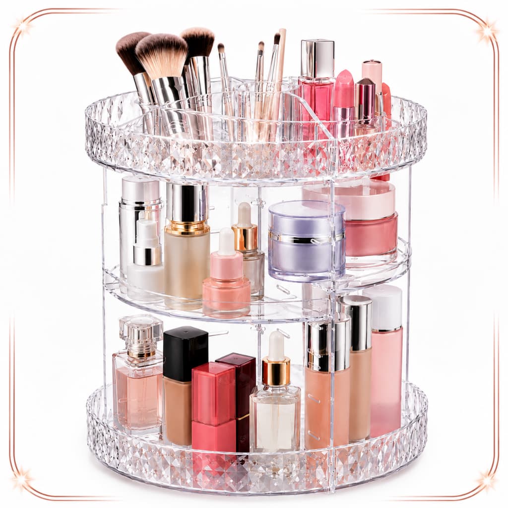 Organizador de Maquiagem e Cosméticos Giratório 360° Acrílico Transparente Porta Perfumes Cremes Pincéis e Skincare