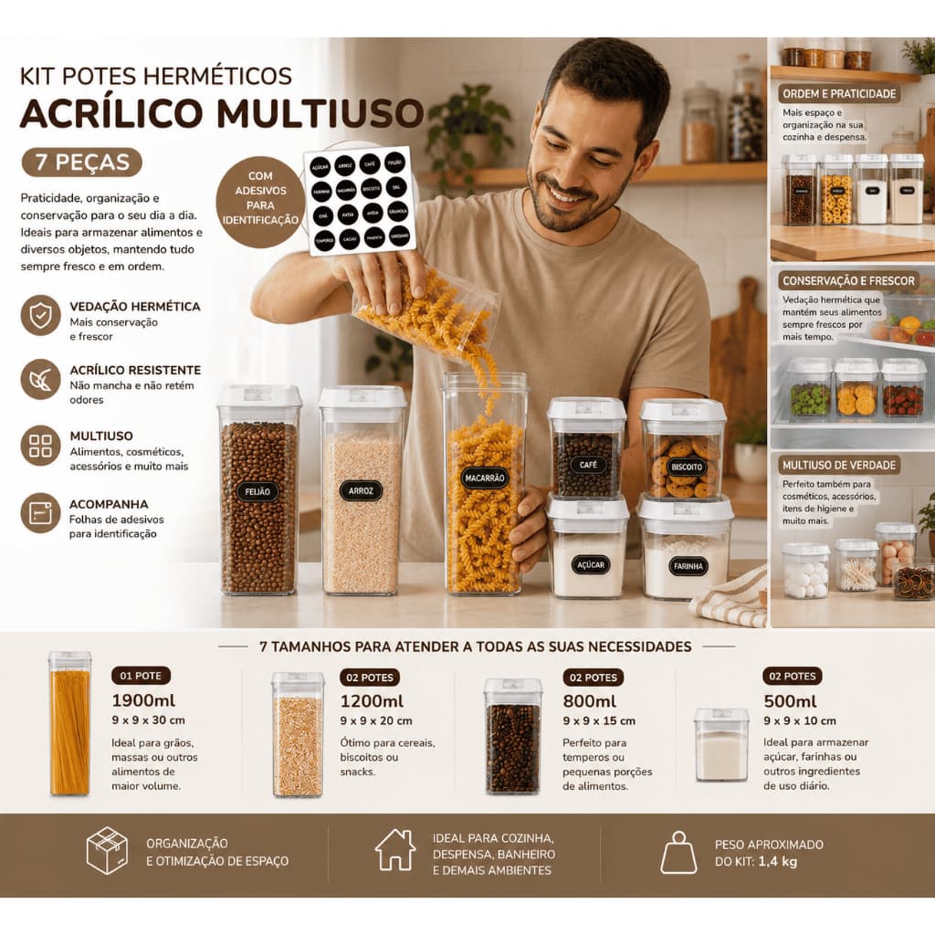 Kit Potes Herméticos Acrílico Multiuso – 7 Peças