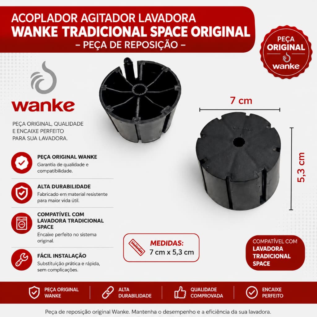 Acoplador Agitador Lavadora Wanke Tradicional Space Original – Peça de Reposição