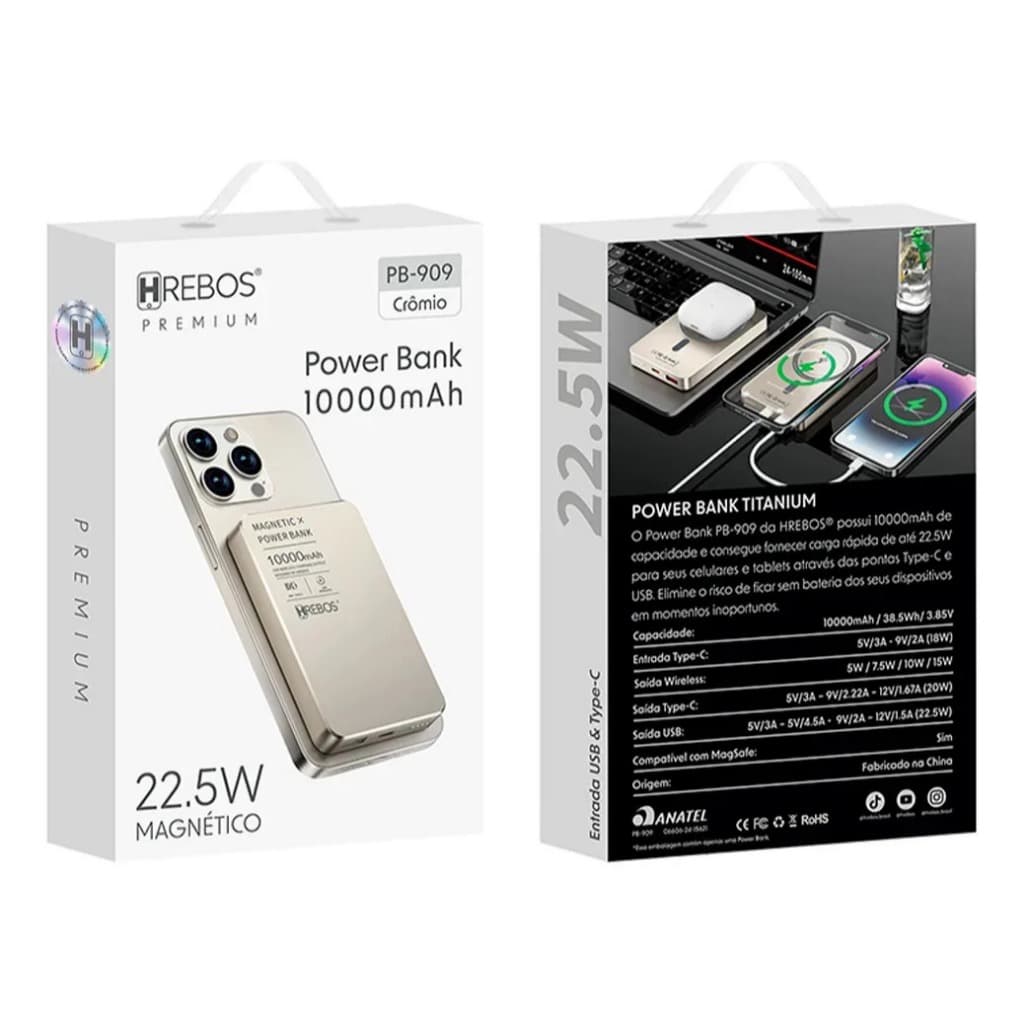 Carregador Portatil Power Bank Titanium Hrebos 10.000 Mah 22.5w Magnético Pb-909