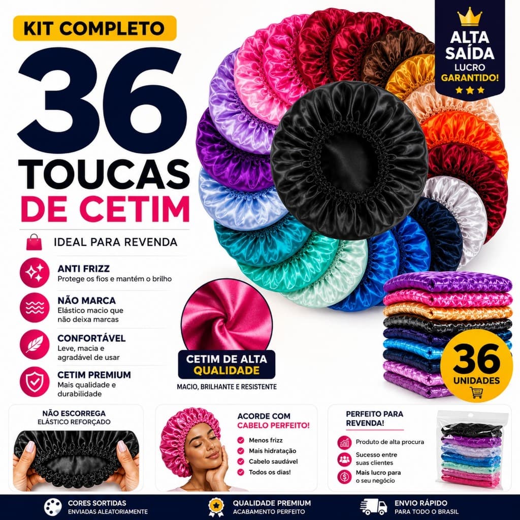 Kit Com 36 Toucas de Cetim Anti Frizz Cetim Alto Brilho Ideal Para dormir Escolha sua Cor para rev