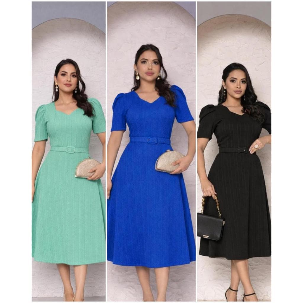Vestido Mídi Feminino Malha Trabalhada Rugão com Cinto Manga Princesa Moda Evangélica Elegante