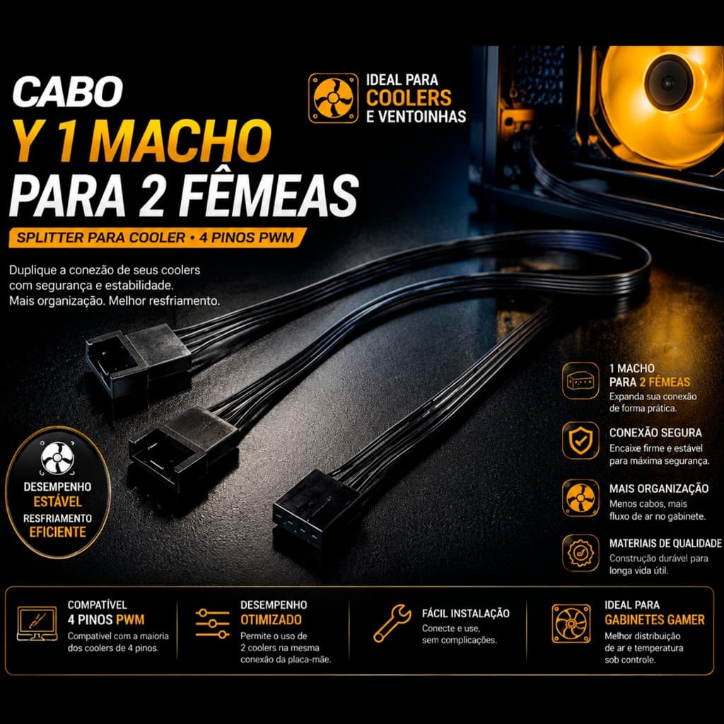 CABO ADAPTADOR PWM 1 PARA 2 FANS ALIMENTAÇÃO DE ENERGIA 4 PINOS