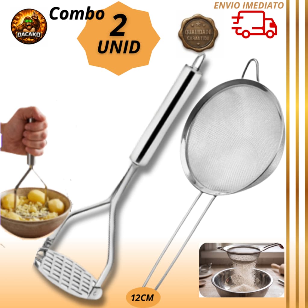 Combo  Amassador de Batata Inox + Peneira 12cm Aço Inox Cozinha Multiuso Resistente Prática