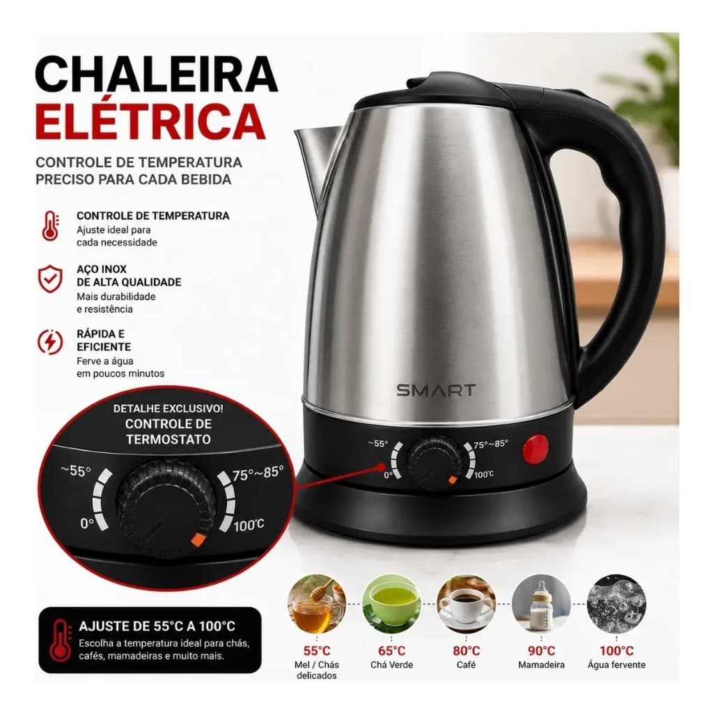 Chaleira Elétrica Aço Inox 1.8l 1500w Com Termostato e Regulagem de Temperatura Chimarrão Preto