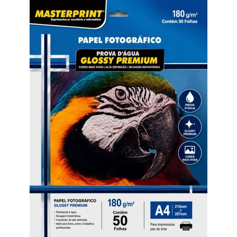kit Papel Fotográfico A4 Glossy 180g Brilhante Masterprint Resistente À Água Secagem Rápida Premium- kit 50 a 200 folhas