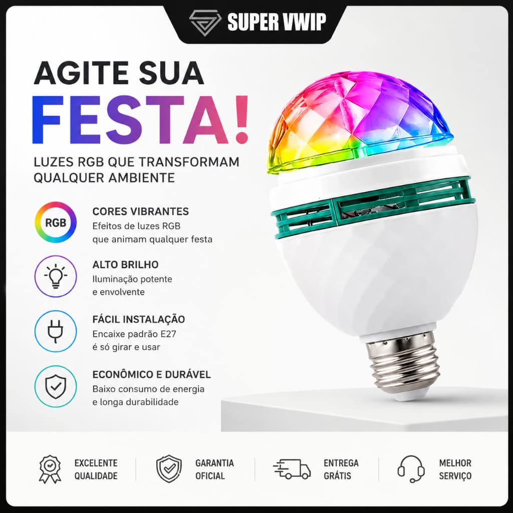Lâmpada LED RGB E27 Rotativa Colorida 360° Bivolt para Festa e Decoração