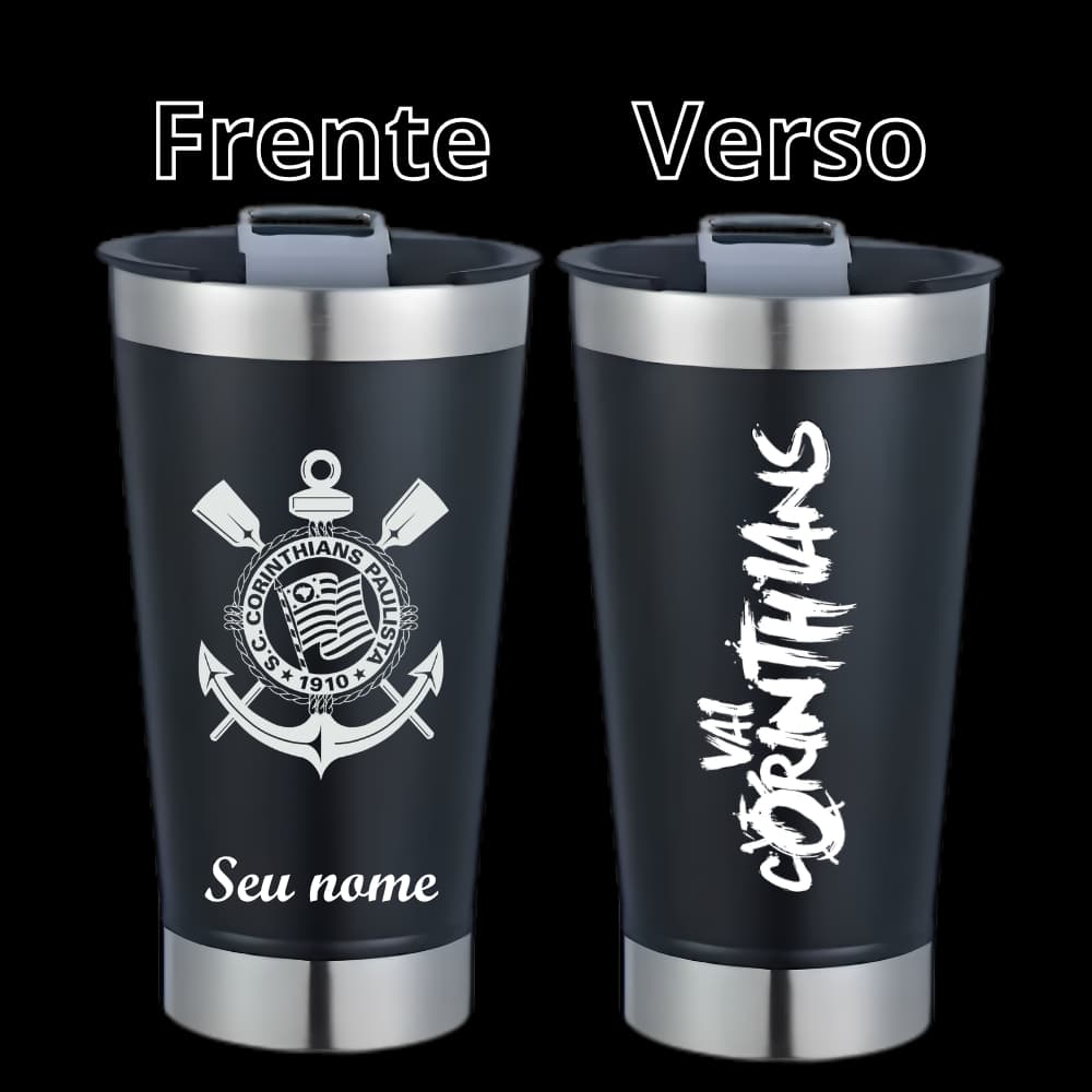 Copo Corinthians frente e Verso Inox Térmico Personalizado a laser Com Seu Nome Tampa E Abridor