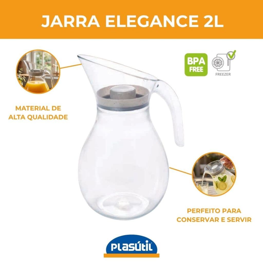 Jarra Suco Água Elegance Bpa free de Plástico Tampa Hermética 2l Cozinha Plasútil