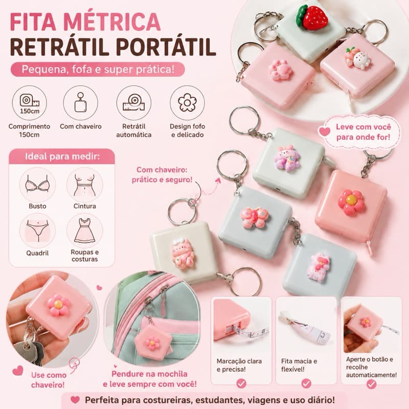 Fita Métrica Retrátil Portátil 150cm Mini Trena Flexível Chaveiro Cartoon Medidor de Corpo Cintura Busto Costura（novo)