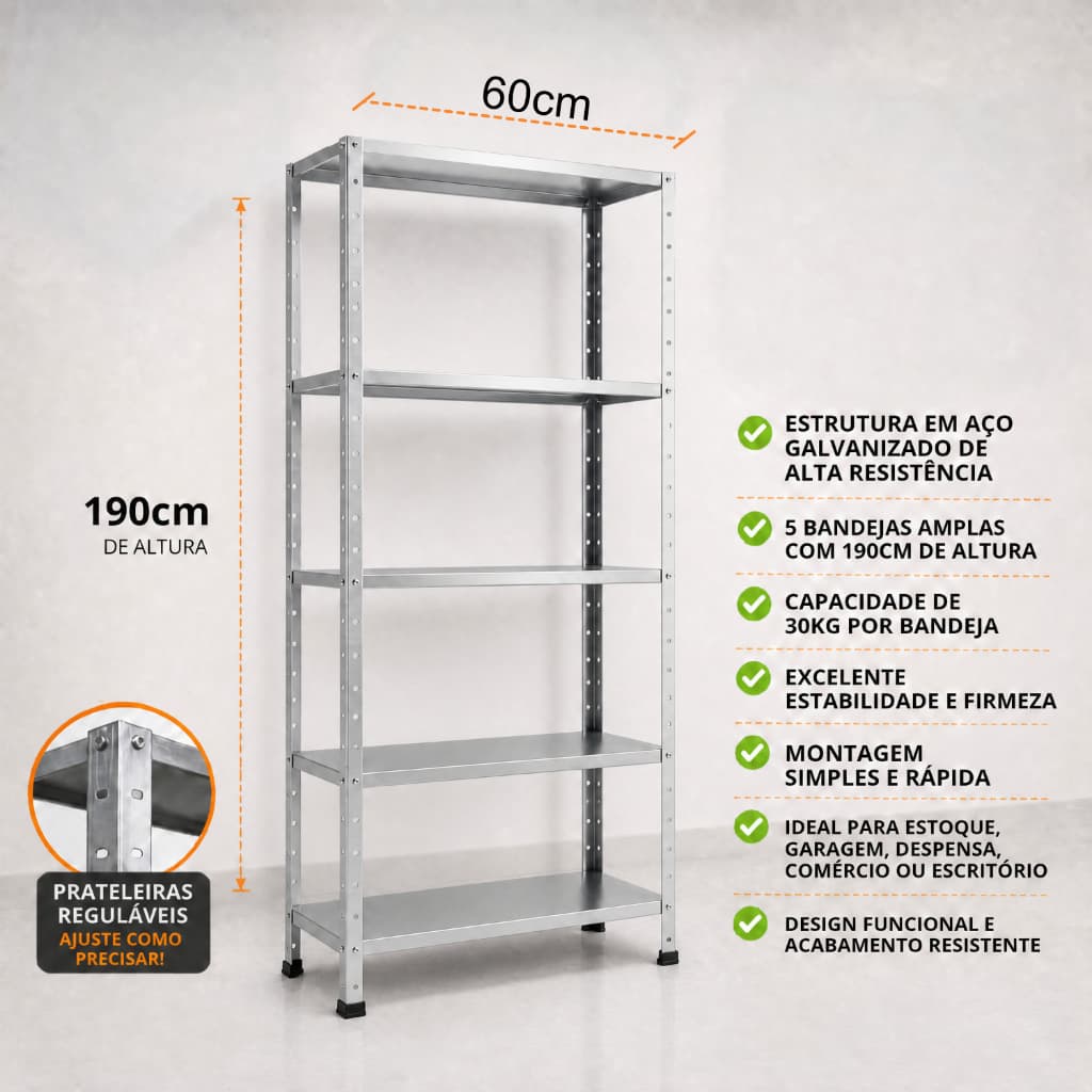 Prateleira Estante De Aço Armario Multiuso 60 Cm 5 Divisória GALVANIZADO