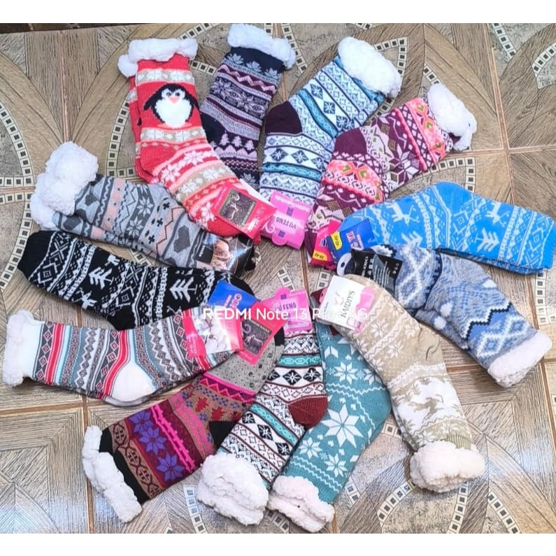 Kit com 12 Pares de Meias de Lã Peluciada Térmica Antiderrapante Grossa Para Adultos - Atacado - Unissex