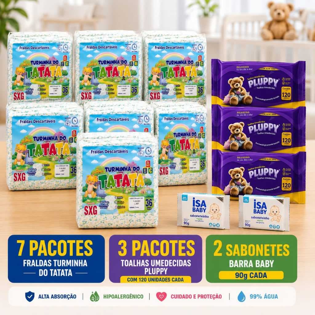 COMBÂO 7 Pac. Fraldas Infantil P-280unM-280unG280unGG- 266un XXG- 252 un + 360 un Toalhas Umed + 2 Un Sabonete barra