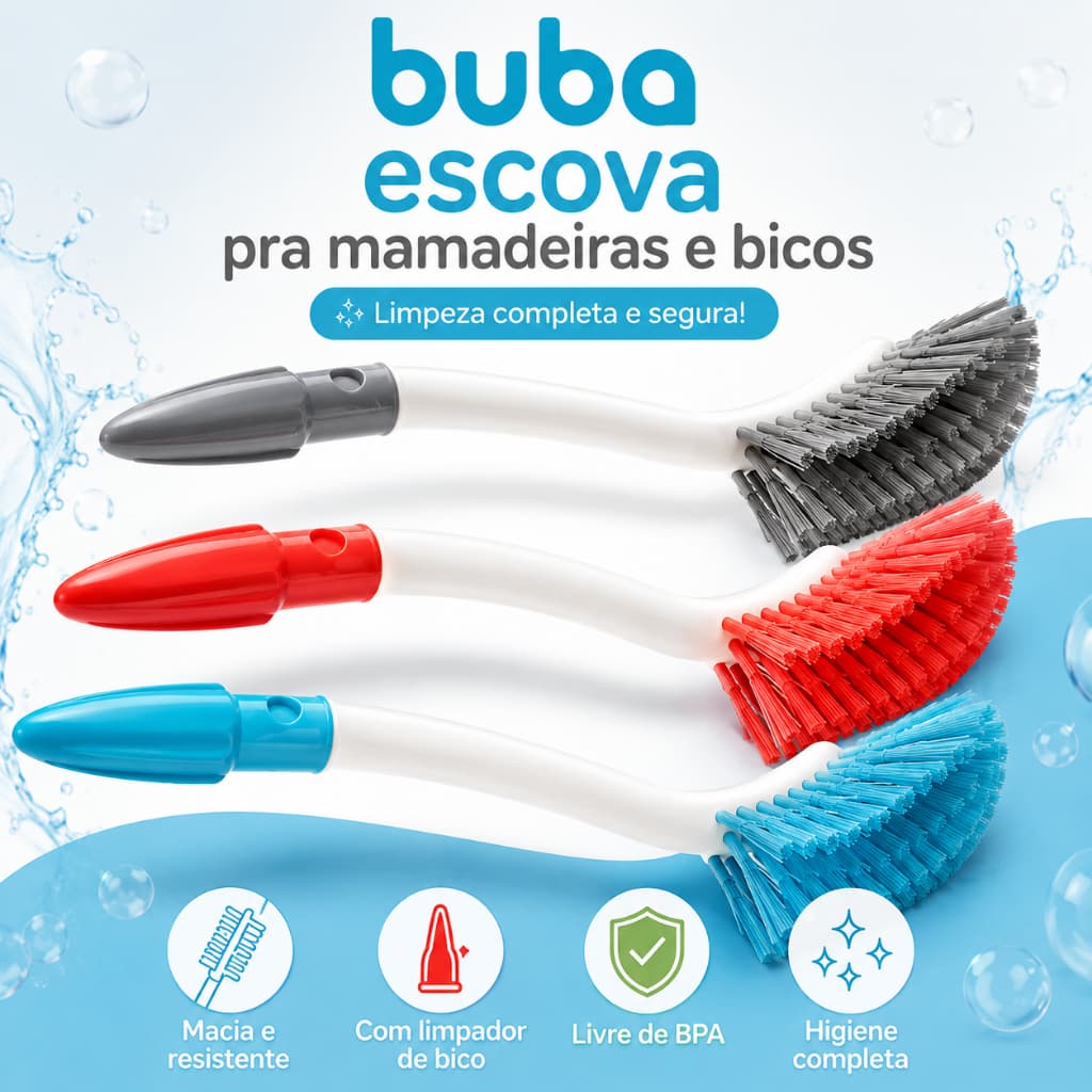 Escova de Lavar Mamadeira E Copos BUBA Higiene Bebê C/ Limpa Bico Menino Menina com lipador de bico
