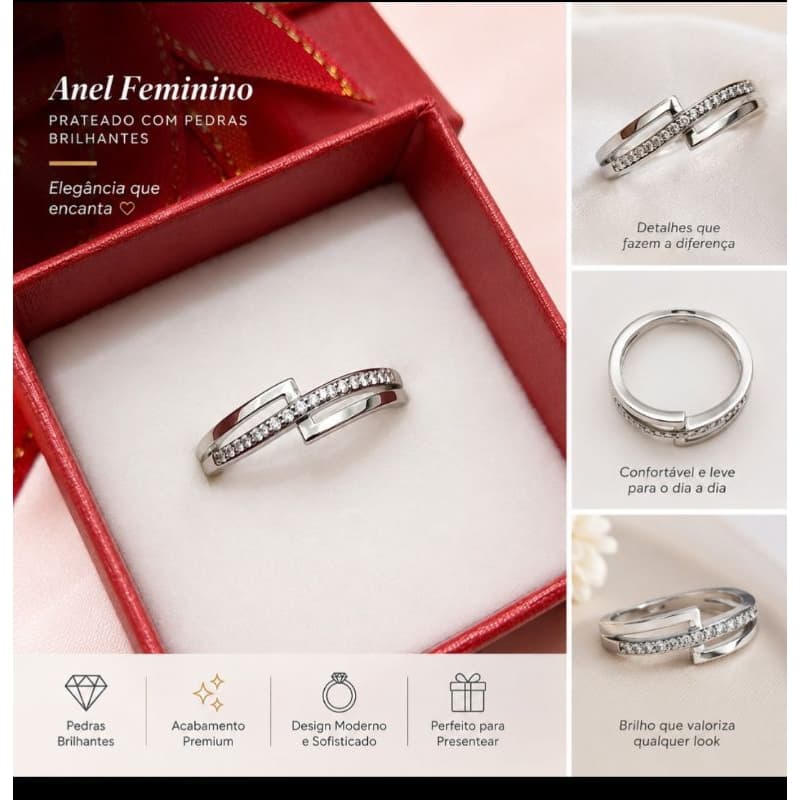 Anel Feminino Aço Inoxidável Cravado de Pedrinhas de zircônia.
