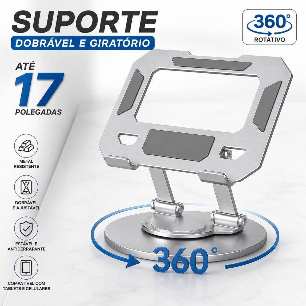Suporte Metálico para Tablet iPad e Celular 360° Dobrável Ajustável | 10 a 17 Polegadas