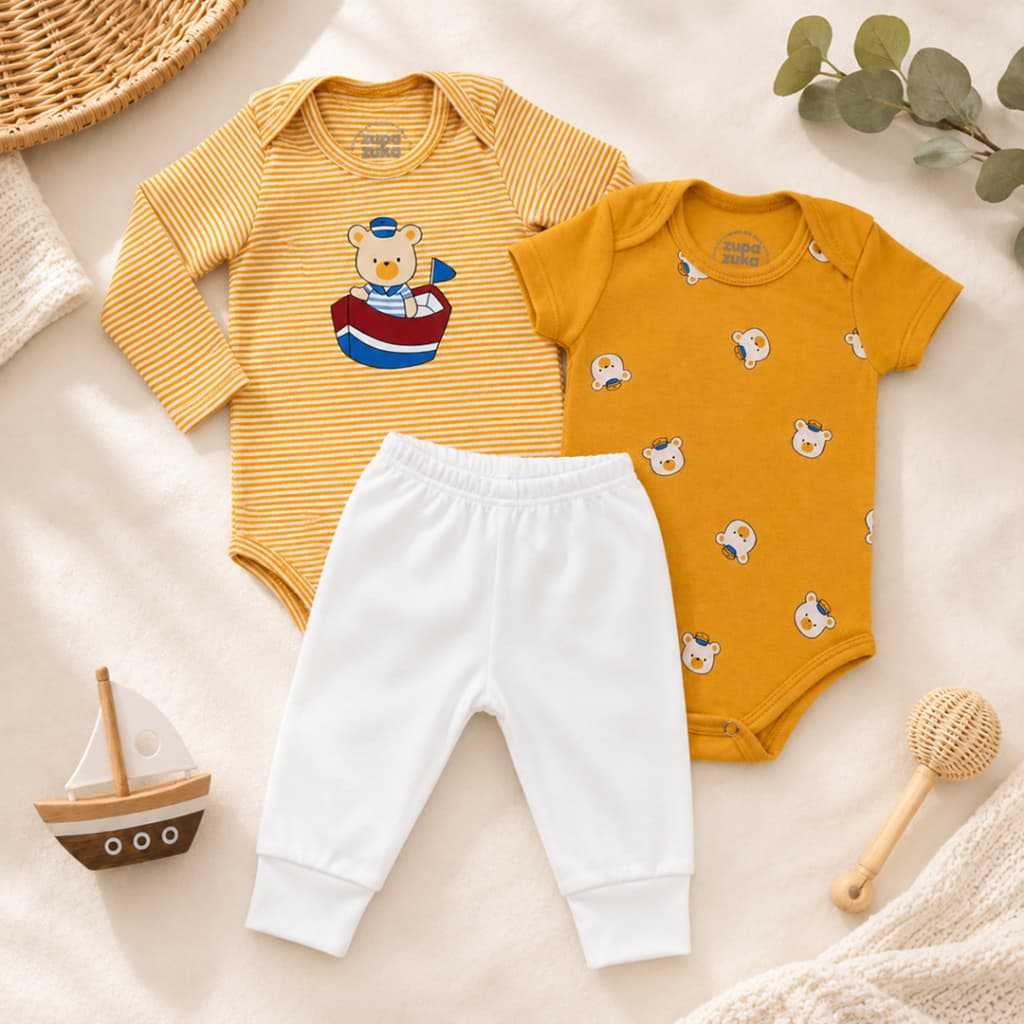 Kit Body Bebê 3 peças, Manga Longa, Manga Curta e Calça Roupas de Bebê Conjunto de Bebê Urso Marinheiro