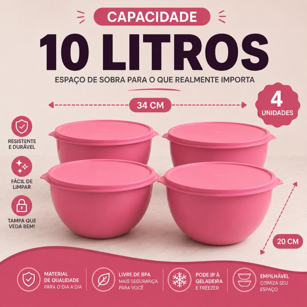 Kit 4 Bacias Plástica Tapoer 10 Litros com Tampa Tigela Grande Para Churrasco, Saladas e Misturas Resistente