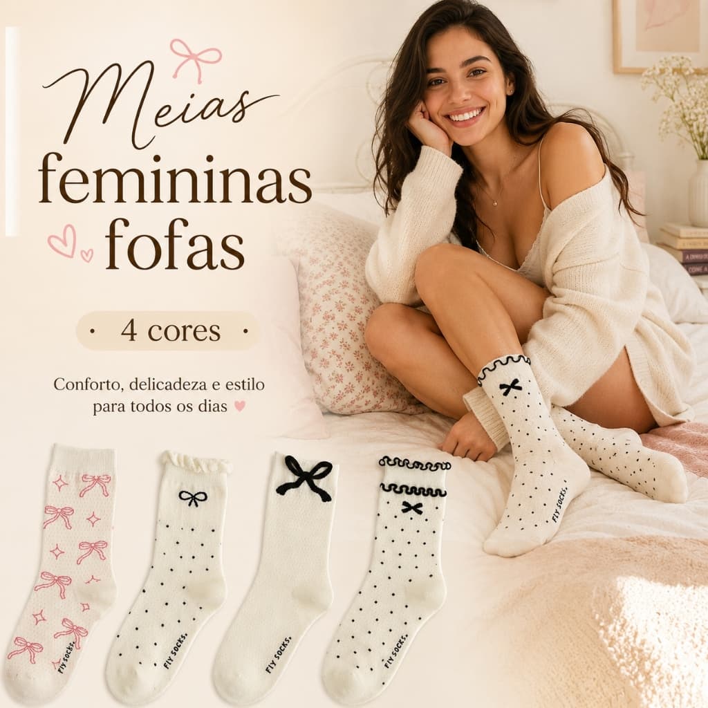 Kit 6 Pares Meia Feminina Cano Médio Com Laço Poá Borda Frufru