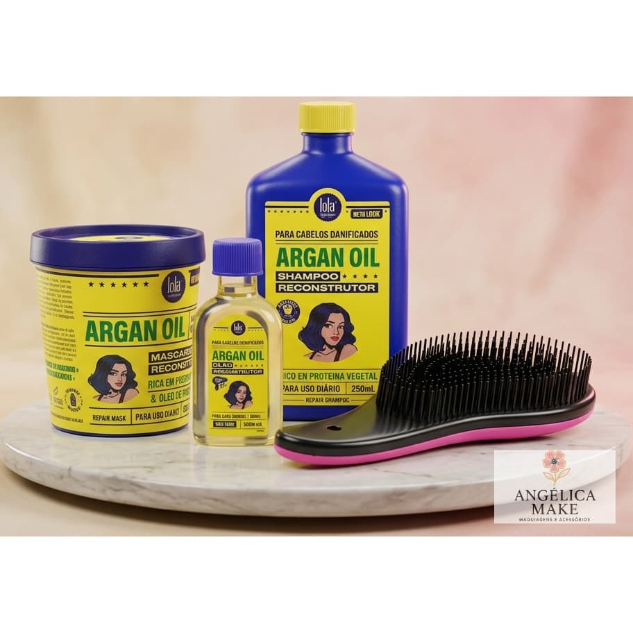 Kit Lola Argan Oil Shampoo Máscara Óleo + Escova Desembaraçante Original