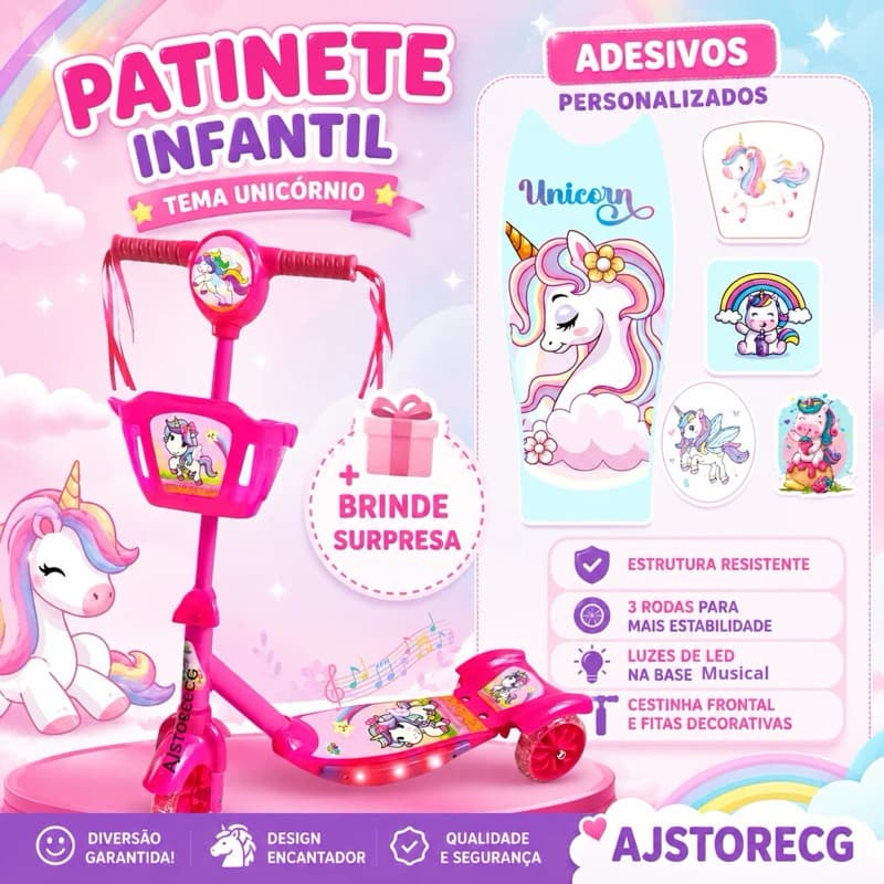 Patinete Unicórnio Menina Cesta 3 Rodas Ajustável 70 cm + Surpresa + Envio Para Todo Brasil