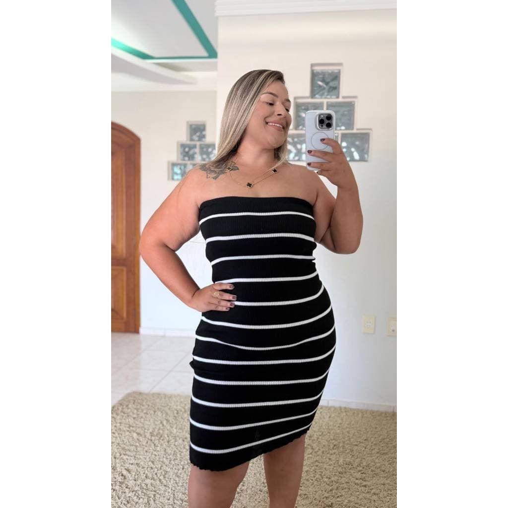Vestido Tomara Que Caia Tricô Canelado  Plus Size Listrado Midi Feminino Lupinacci Tricot
