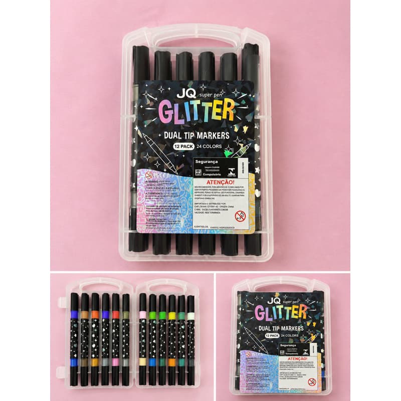 Kit Canetas Glitter Dupla Ponta 12 Canetas 24 Cores | Marcadores Artísticos para Lettering, Desenho e Bullet Journal