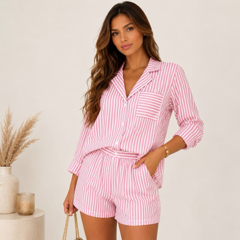 Conjunto LISTRADO Crepe - Camisa Manga Longa COM Short com Elástico e Botão