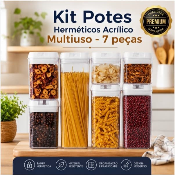 Kit Completo 7 Potes Herméticos Acrílico Multiuso Tampa Vedação Segura Armazenamento Cozinha